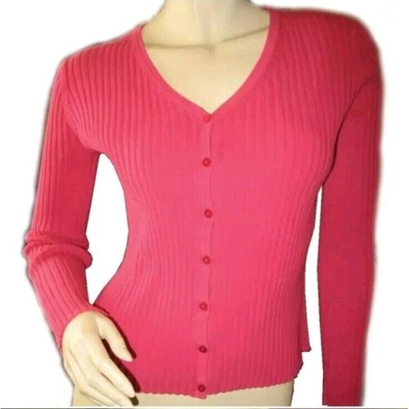 EXPRESS Rib Cotton Button Cardigan Pink Slim Long Sleeve V Neck Women Large Y2K - Picture 12 of 12